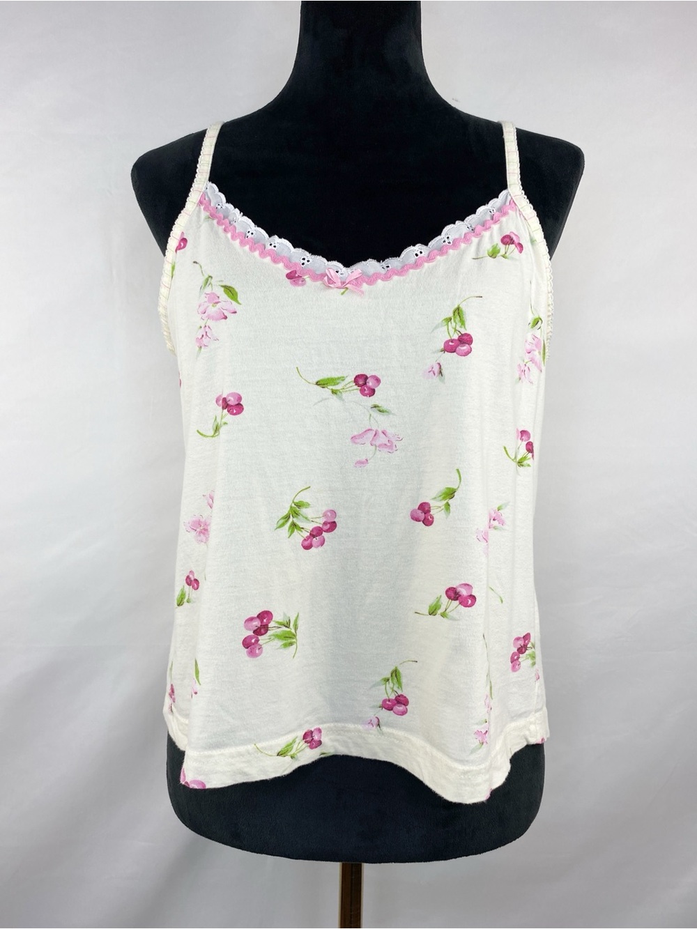 Vintage Y2K Carole Hochman Cherry Floral Lace Trim Cotton Cami Tank Top Large
